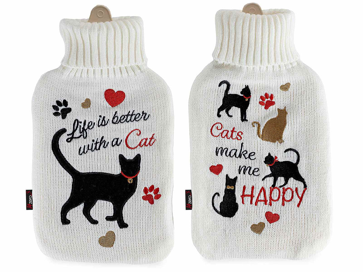 Borse dell'acqua calda con rivestimento in maglia e ricami a tema gatto, set da 2 pezzi, cm 20 x 33 H
