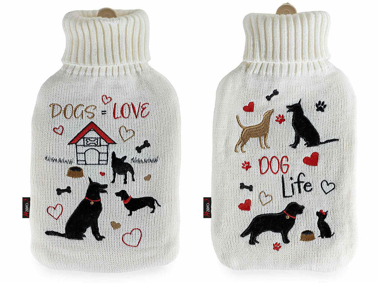 Borse dell'acqua calda con rivestimento a maglia e ricami tema cani, set da 2 pezzi, cm 20 x 33 H