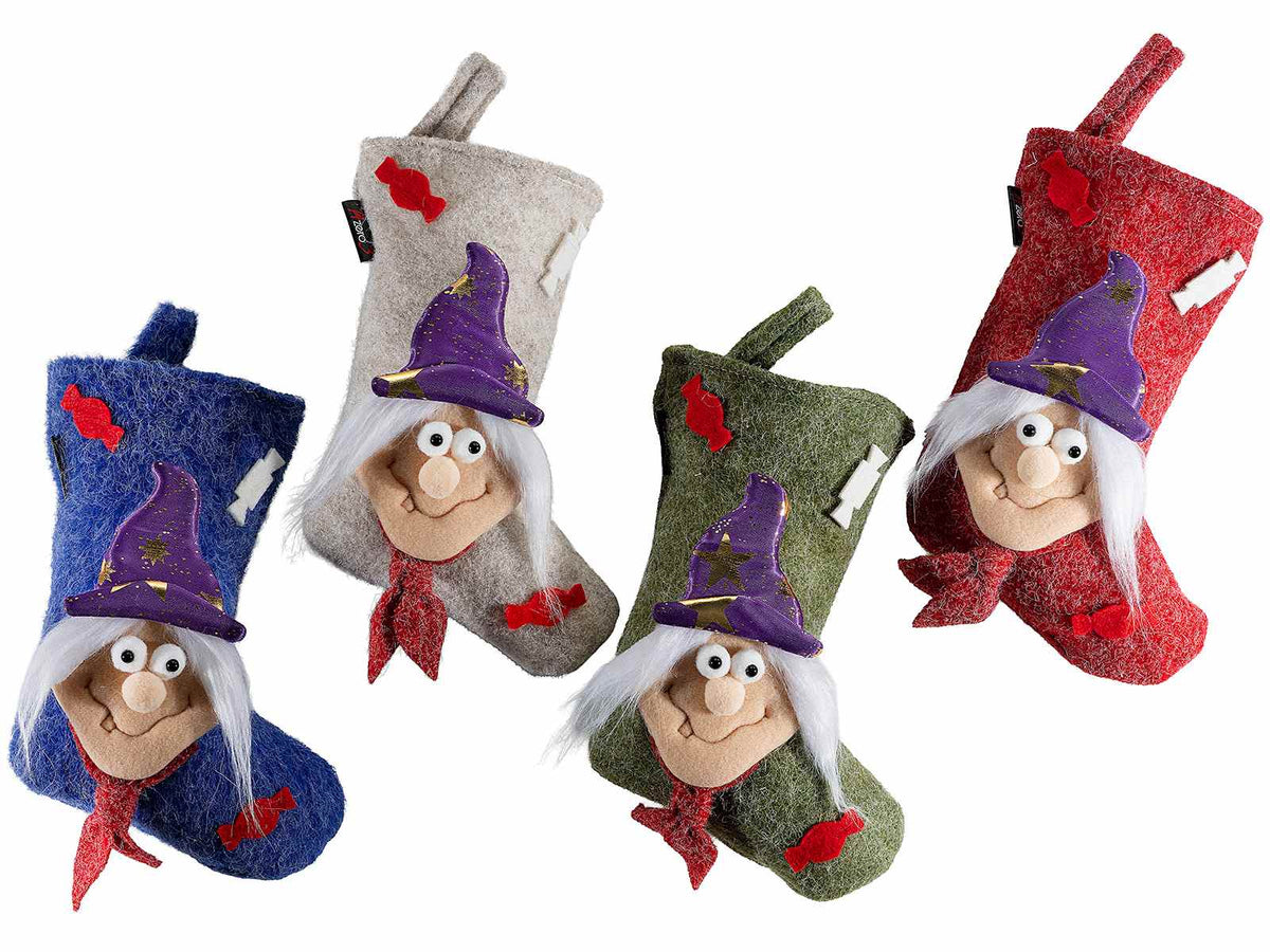 Calze Befana in panno con decorazioni rilievo da appendere, set da 4 pezzi, cm 16 x 23,5 H