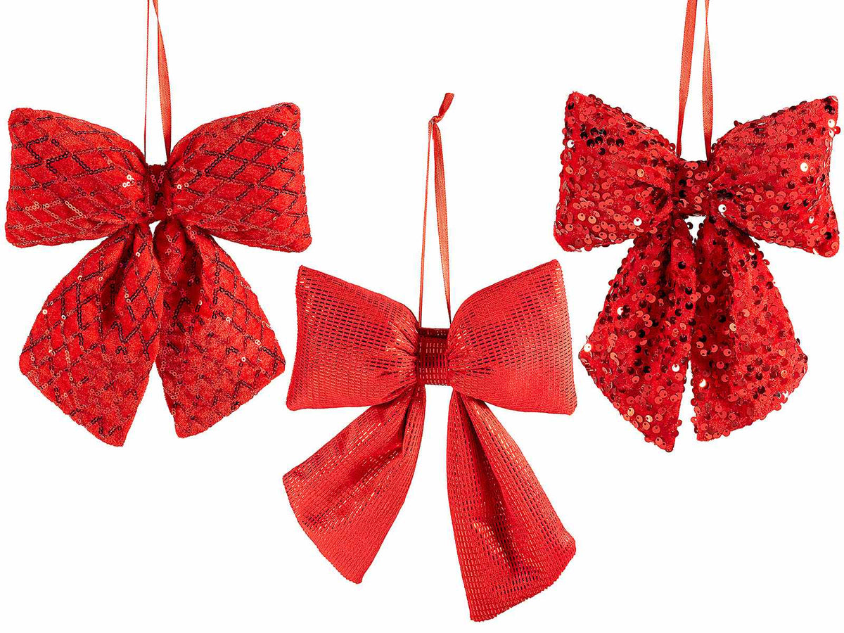Fiocchi natalizi decorativi da appendere in morbido tessuto e paillettes, set da 9 pezzi, cm 18 x 22 H