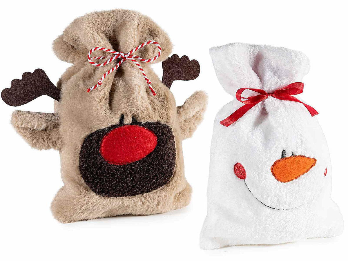 Sacchetti natalizi in morbido peluche con renna e pupazzo di neve e laccio, set da 8 pezzi, cm 19x29 H (al cordino22)