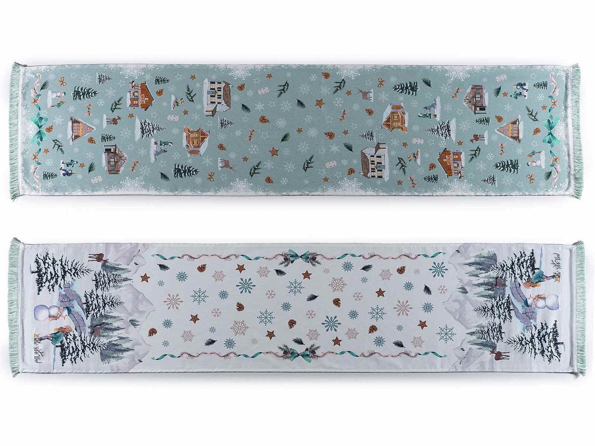 Runner natalizio da tavola in stoffa con stampa paesaggio innevato e frange, set da 2 pezzi, cm 32 x 140 H