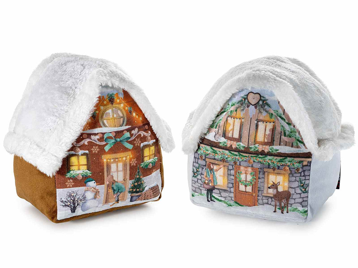 Fermaporta natalizio a forma di casetta in morbida stoffa con tetto, set da 4 pezzi, cm 16 x 12 x 18 H