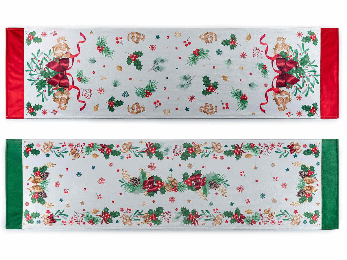 Runner natalizi da tavola in stoffa con stampa a tema e bordi colorati, set da 2 pezzi, cm 40 x 150 H