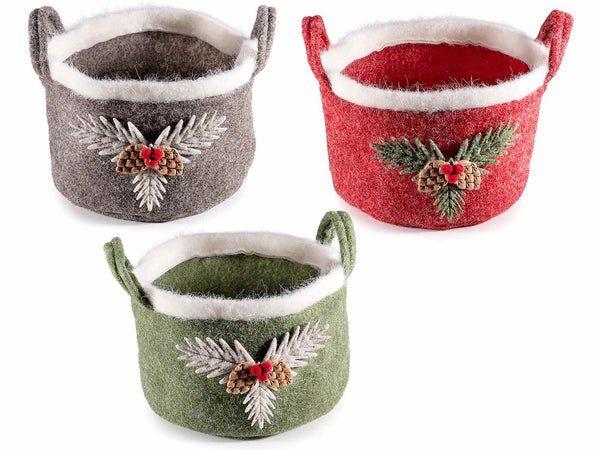 Set di 3 cestini in panno con manici e decorazioni in rilievo, 18x18x14,5 cm – Natale