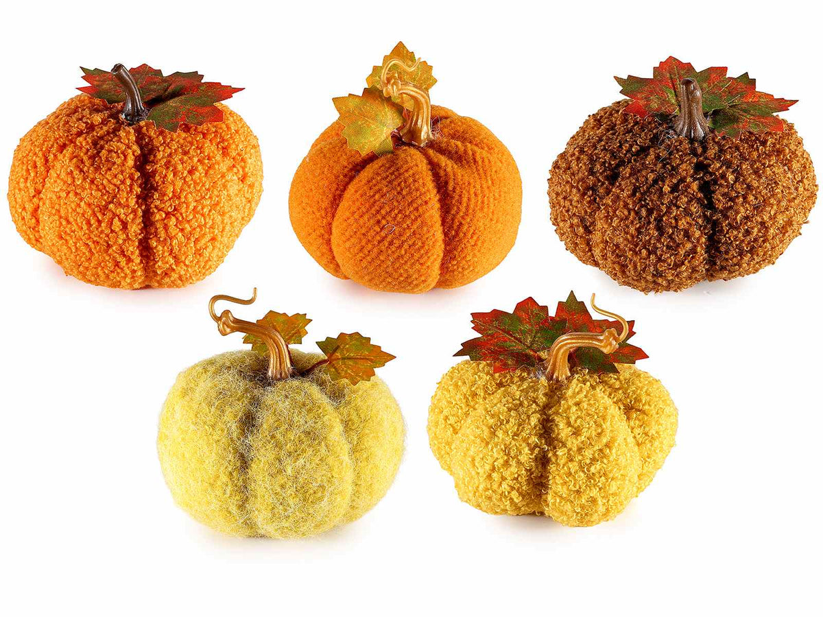 Zucche decorative rifinite in morbida stoffa da appoggiare, ideale, set da 5 pezzi, Ø 9 cm x 9,5 H