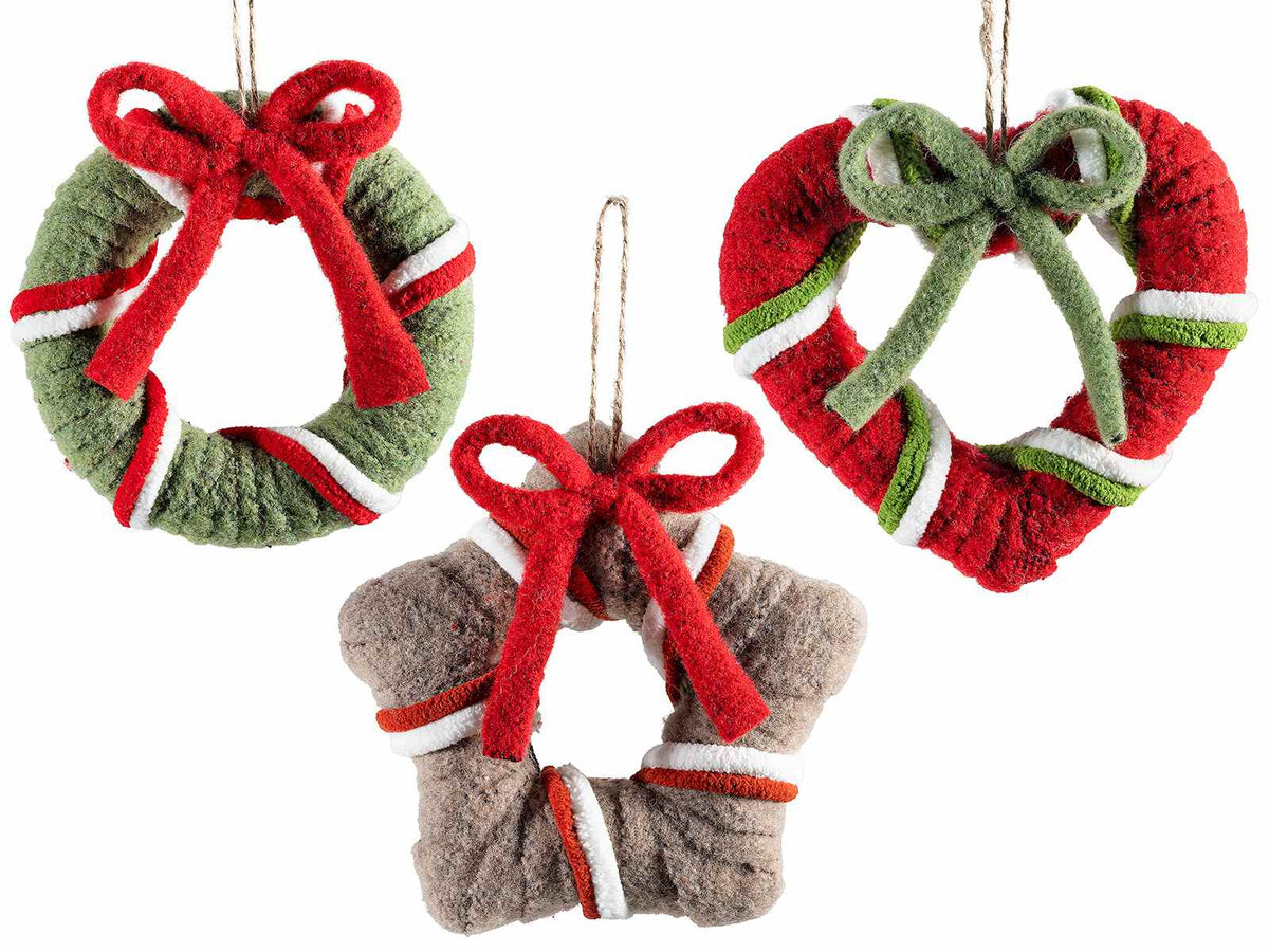 Set di 6 decorazioni natalizie in stoffa da appendere con fiocco, a forma di ghirlanda / stella / cuore, Cuore: cm 14 x 13 H