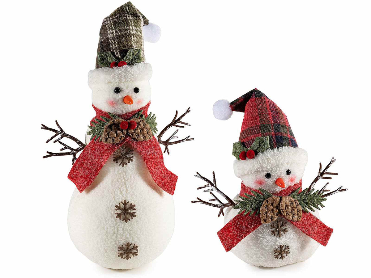 Pupazzi di neve con cappello, sciarpa e decorazioni con rametti rilievo in set, Grande: cm 21 x 14,5 x 32 H