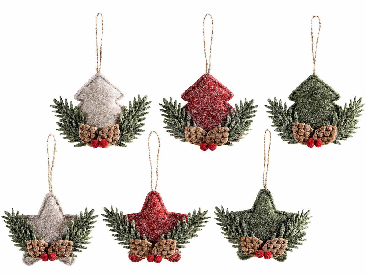 Decorazioni natalizie in stoffa a forma di stella e albero con decori pigne, set da 12 pezzi, Albero: cm 13 x 10,5 H