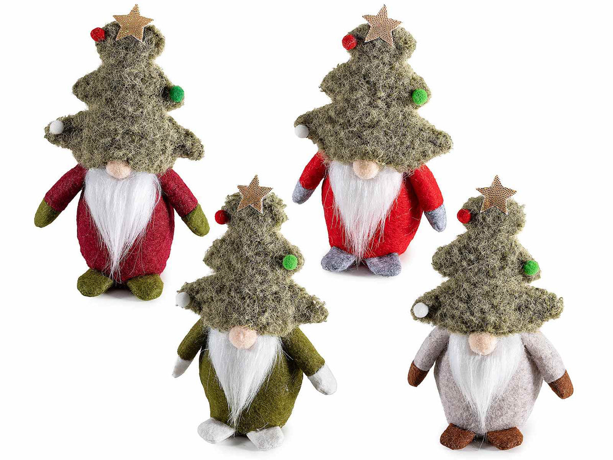 Babbo Natale in panno con cappello ad alberello decorato con palline e stelline, set da 8 pezzi, cm 8,5 x 5,5 x 14 H