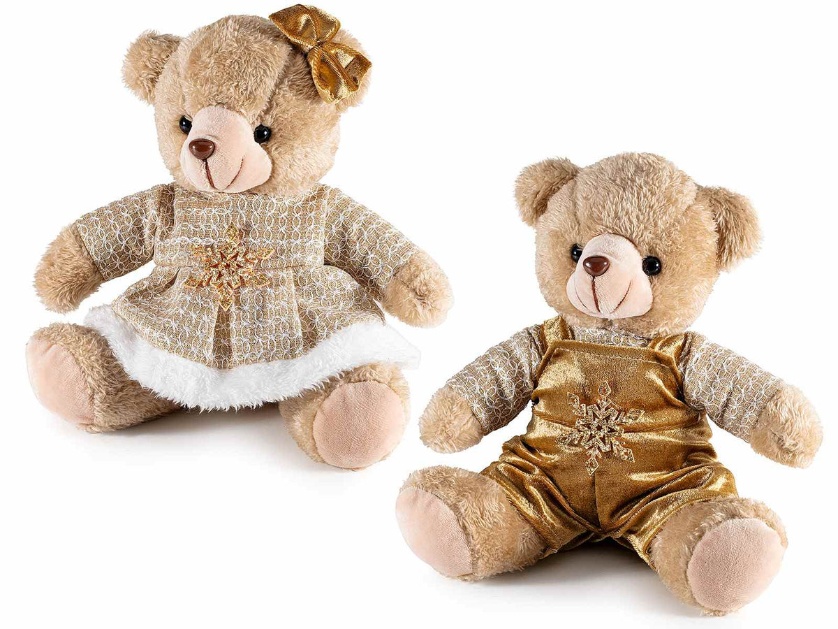 Orsetti natalizi in morbido peluche con abito in lamé e fiocco neve, set da 2 pezzi, cm 20 x 15 x 22 H (seduto)