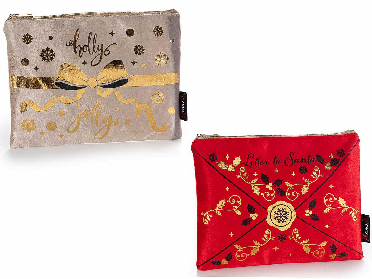 Pochettes di Natale in velluto con chiusura a zip e dettagli dorati, set da 6 pezzi, cm 21,5 x 16,5 H