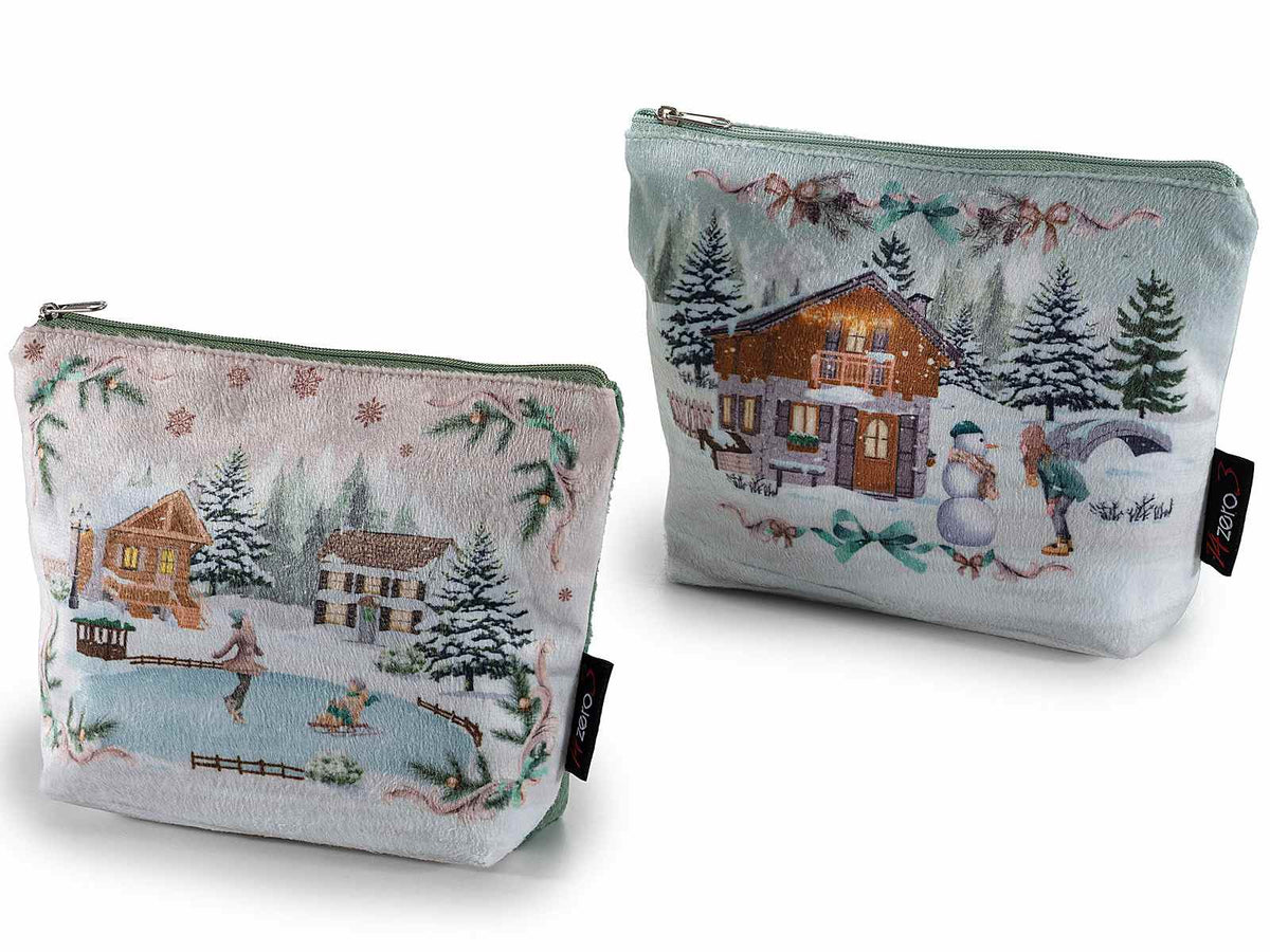 Pochettes di Natale in morbida stoffa con chiusura a zip stampa paesaggio, set da 6 pezzi, cm 21 x 5,5 x 15 H