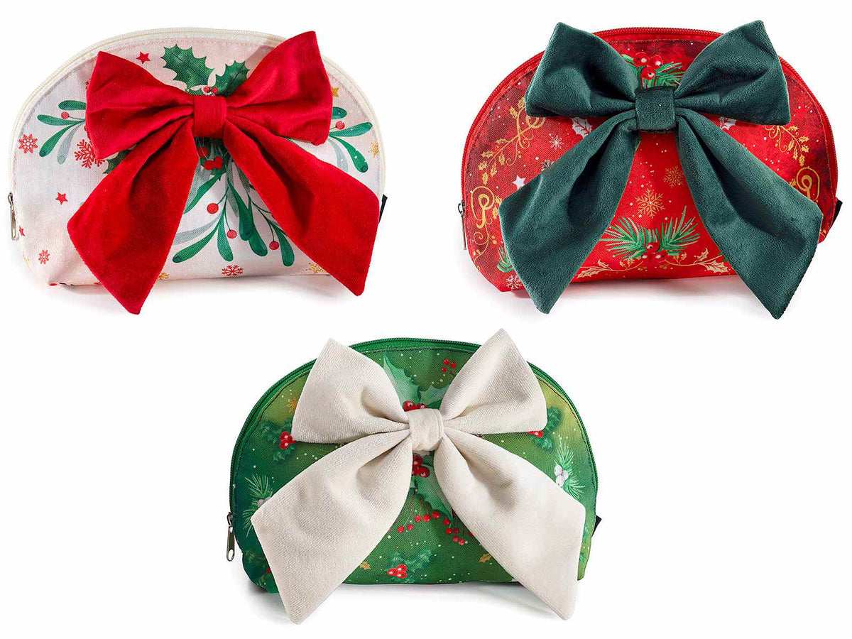 Pochettes natalizie in morbida stoffa con chiusura a zip e fiocco colorato in velluto, set da 3 pezzi, cm 26 x 7 x 17 H