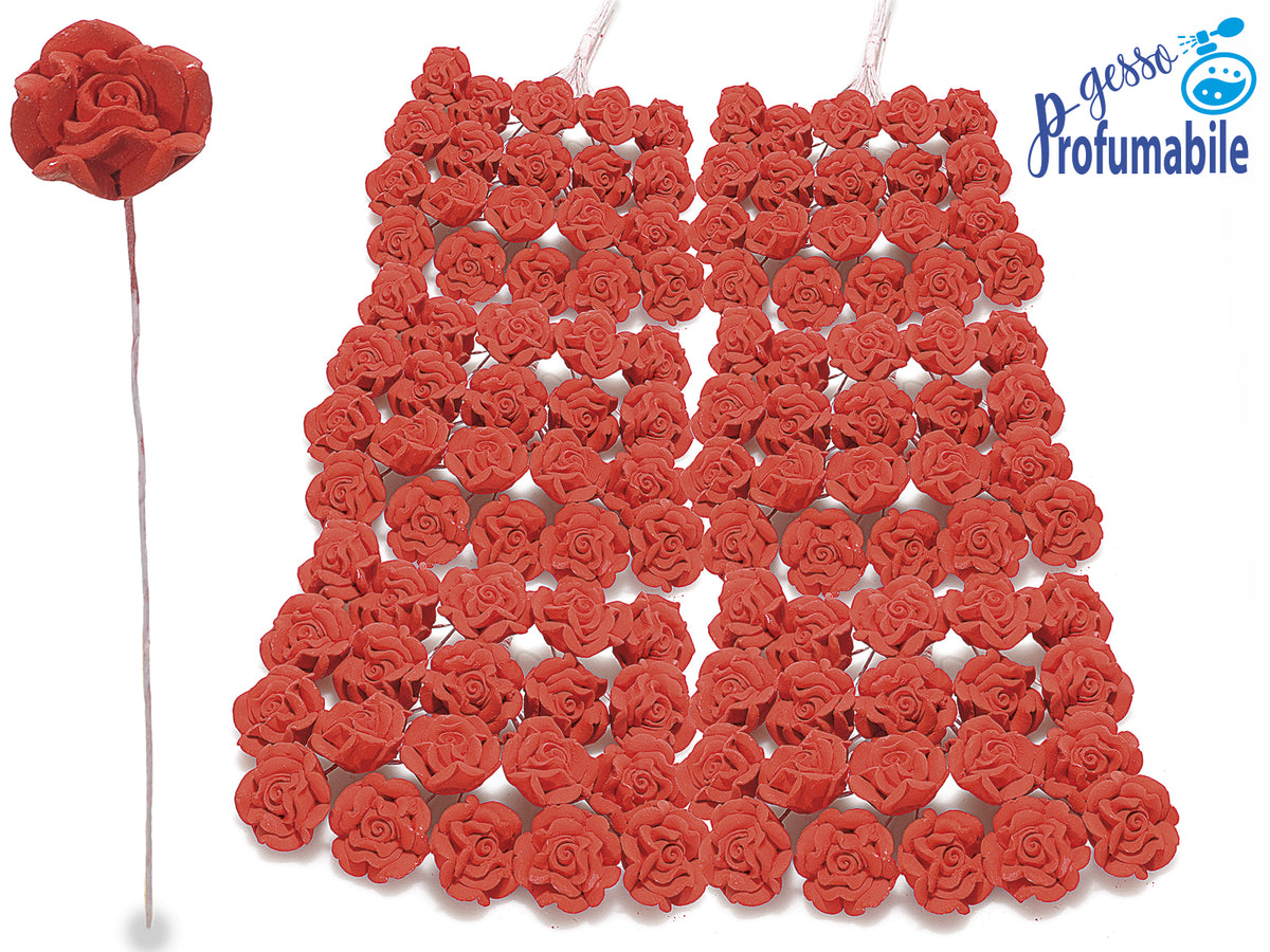 Roselline chiudipacco artificiali in gesso rosso profumabile con gambo, set da 120 pezzi, Ø 1,6 cm x 10 H