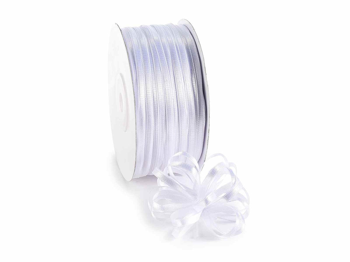 Nastro doppio raso bianco neve con tirante per fiocco facile, mm 3 x 100 m