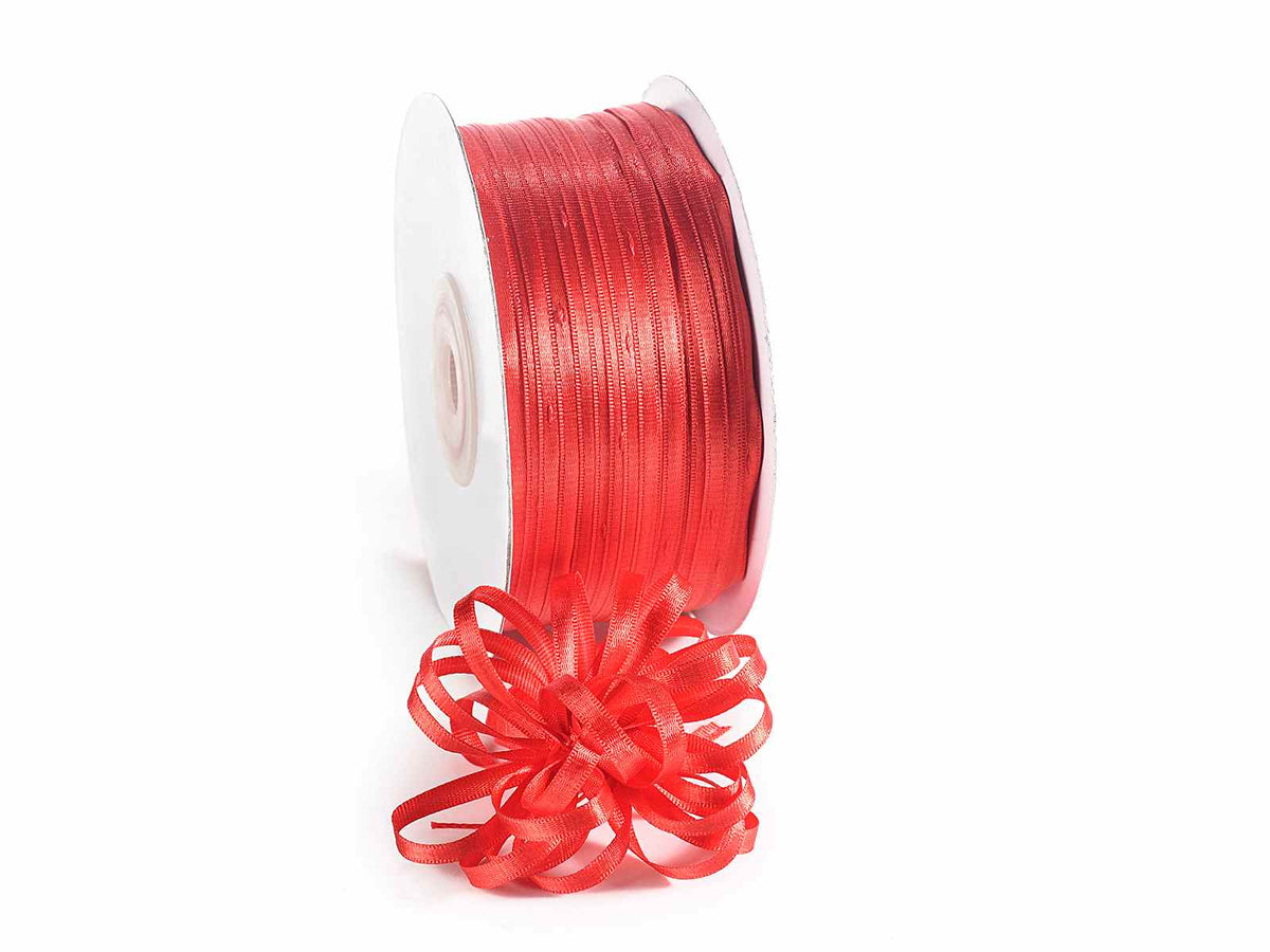 Nastro doppio raso rosso fragola con tirante per fiocco facile, mm 3 x 100 m