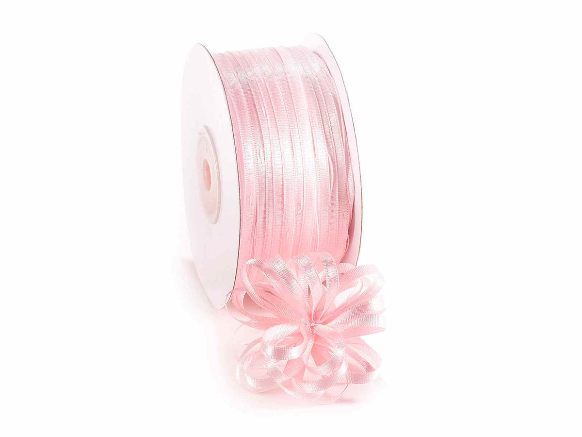 Nastro doppio raso rosa confetto con tirante per fiocco facile, mm 3 x 100 m