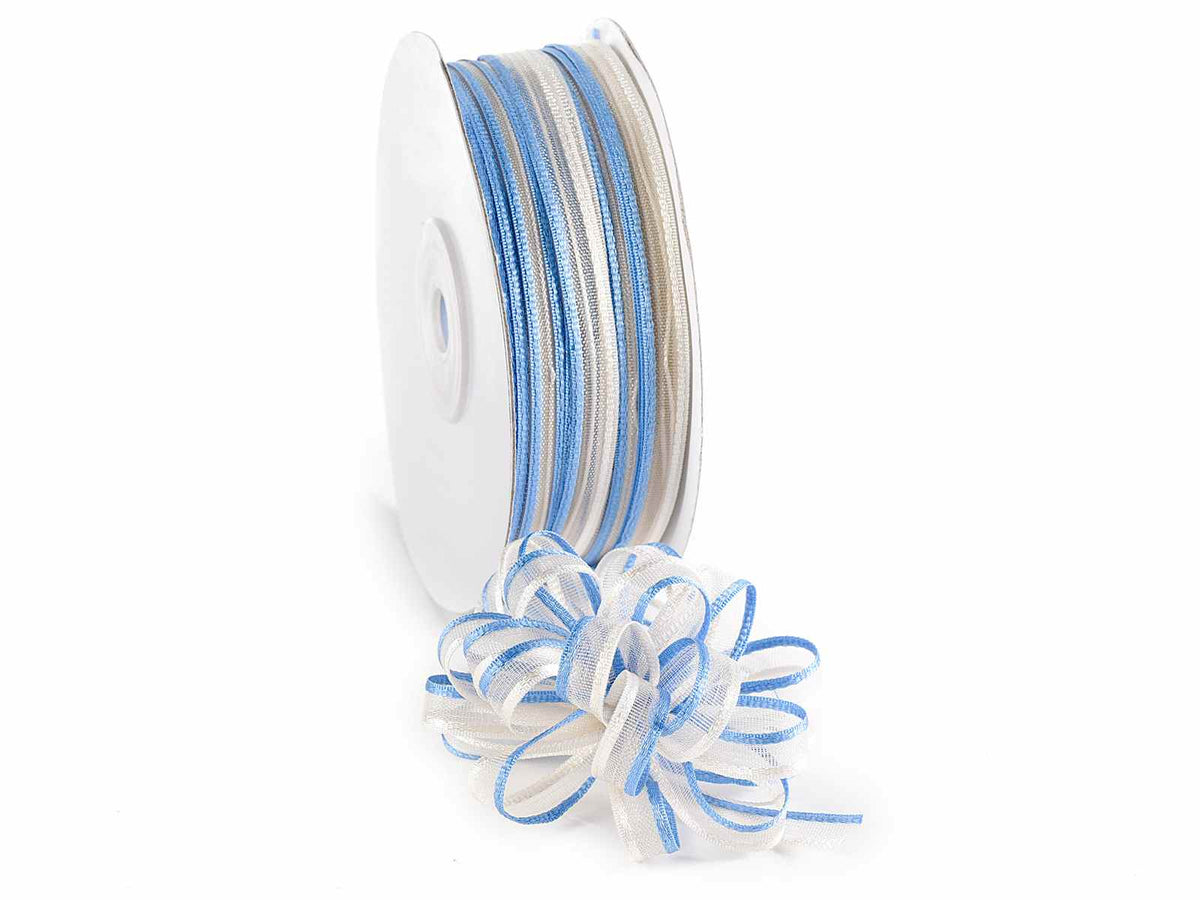 Nastro velo bicolore ecrù e blu avio con tirante per fiocco facile, mm 6 x 50 m