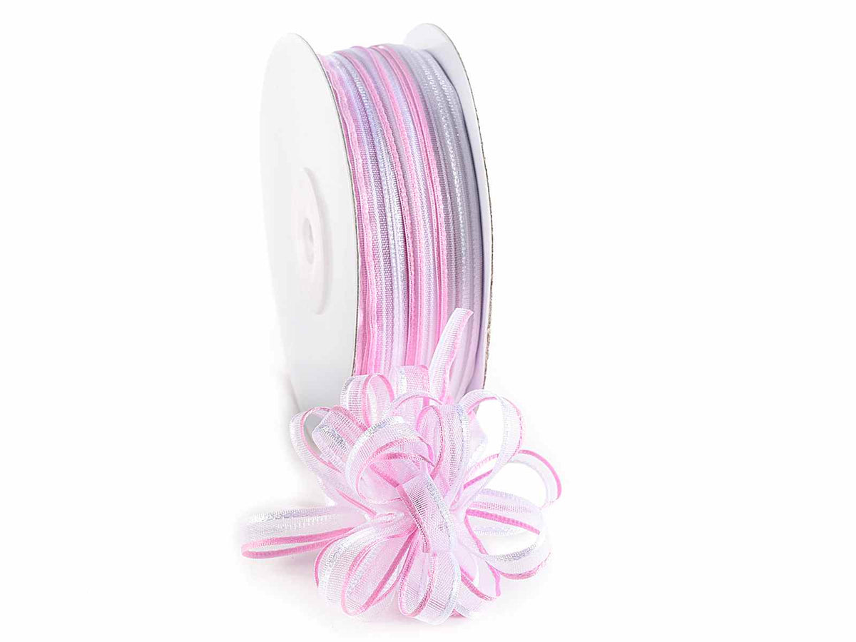 Nastro velo bicolore rosa antico e bianco neve con tirante per fiocco facile, mm 6 x 50 m