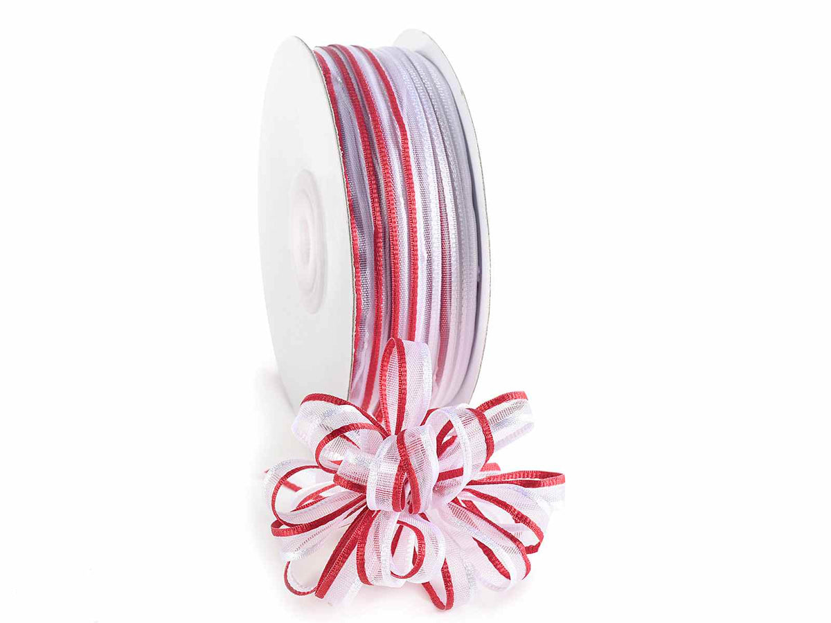 Nastro velo bicolore rosso rubino e bianco neve con tirante per fiocco, mm 6 x 50 m