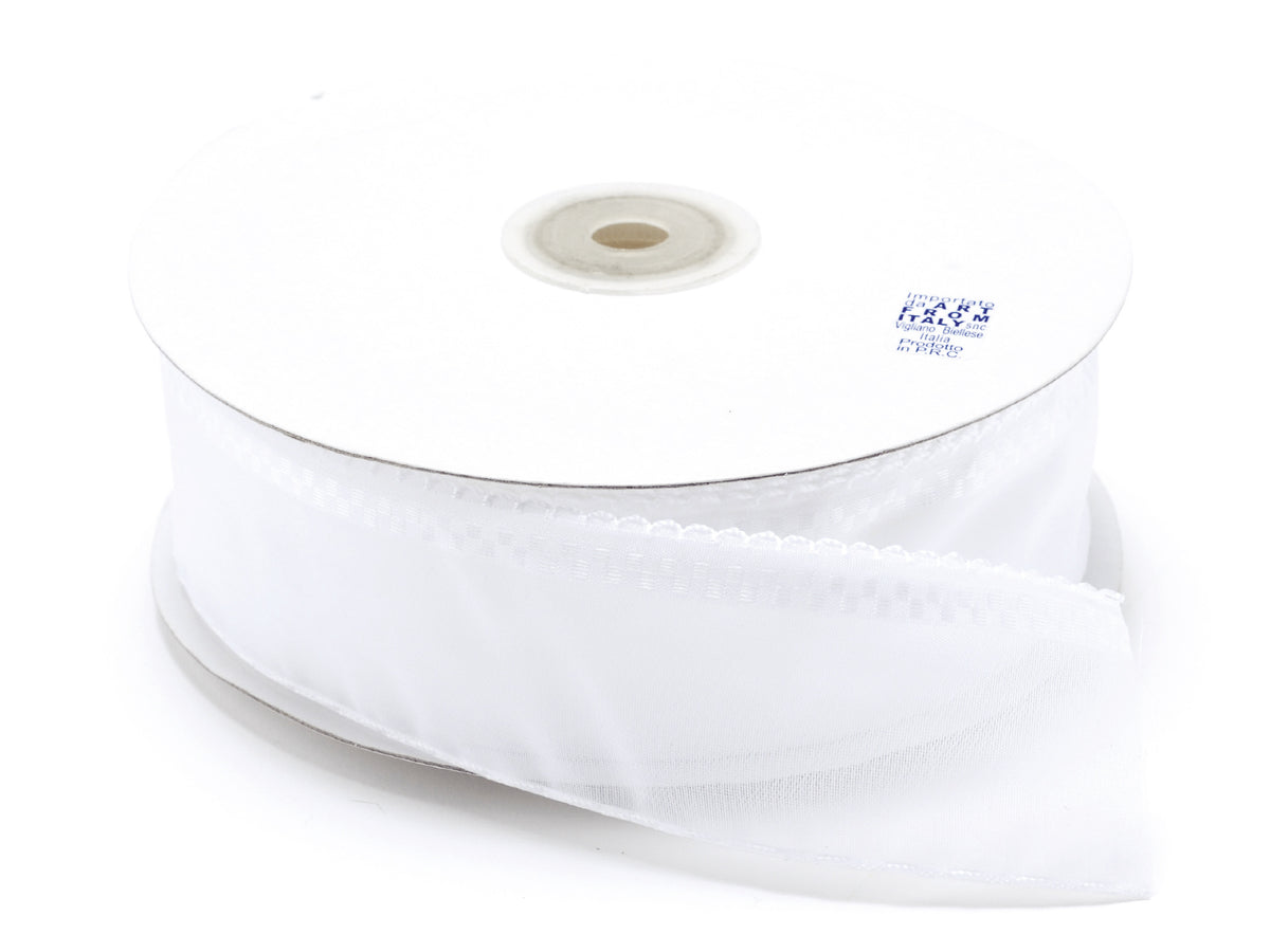 Nastro in organza bianco neve con tirante per fiocco facile, mm 38 x 50 m
