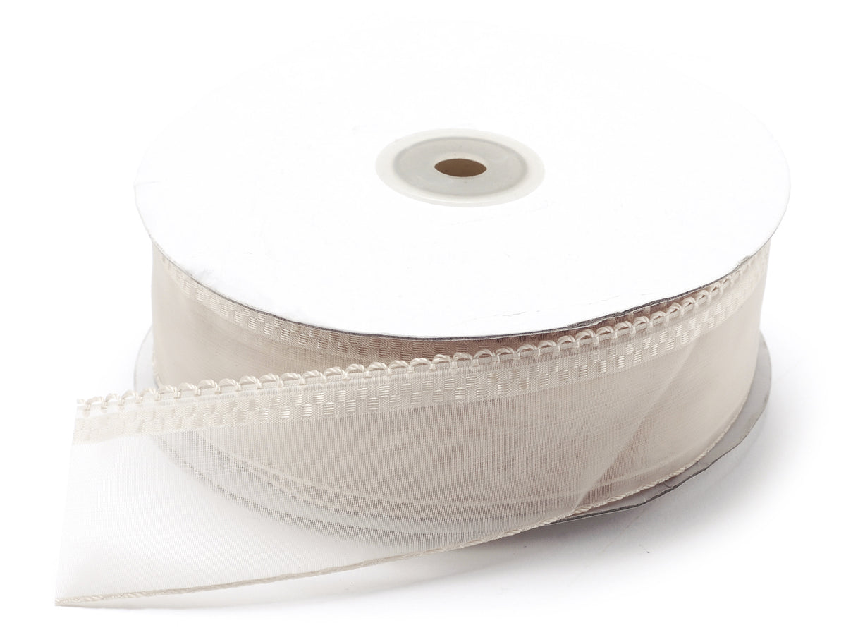 Nastro in organza ecrù con tirante per fiocco facile, mm 38 x 50 m