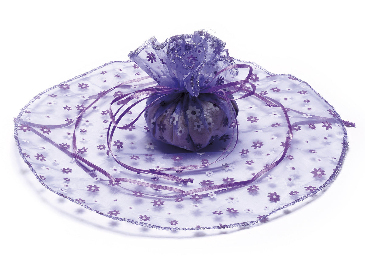 Tulle per bomboniera con tirante, base tonda in organza viola con pattern, set da 30 pezzi, Ø 28 cm - Interno: Ø 15