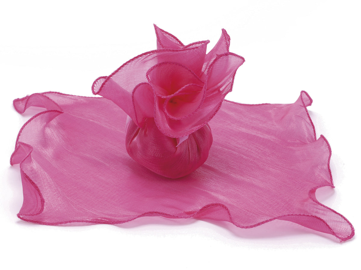 Tulle per bomboniere a base quadrata in organza effetto volant, bordato fucsia, set da 50 pezzi, cm 25 x 25 H