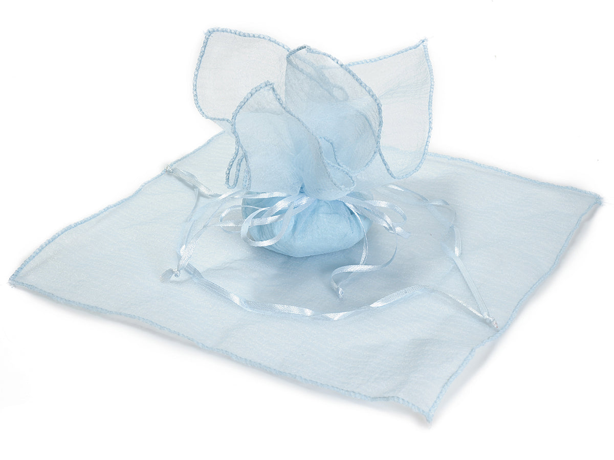 Tulle a sacchetto per bomboniere quadrato in organza azzurro orlato con tirante, set da 20 pezzi, cm24,5x24,5H - Interno:Ø15