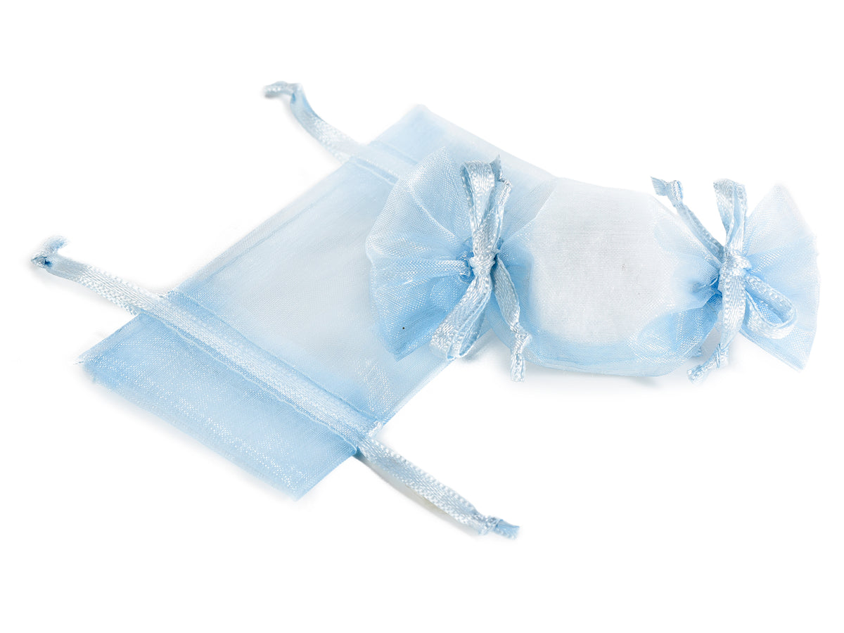 Caramelle per bomboniere in organza azzurra con tiranti, set da 60 pezzi, cm 10,5x5 H -Interno: 5x5 H