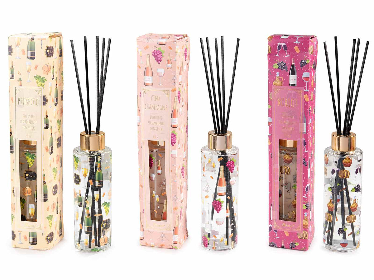Profumatori ambiente con stick in confezione regalo stampa vino, set da 3 pezzi, Ø4,5cmx15H (con stick26)