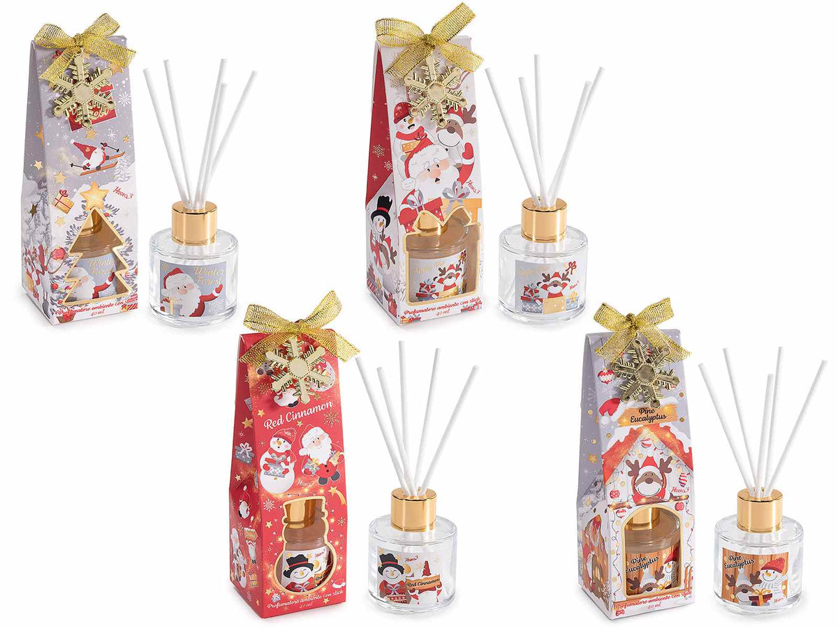 Profumatori per ambiente di Natale con stick e confezione regalo con pendente natalizio e fiocchetto, decori personaggi di Natale, set da 8 pezzi, Ø 5