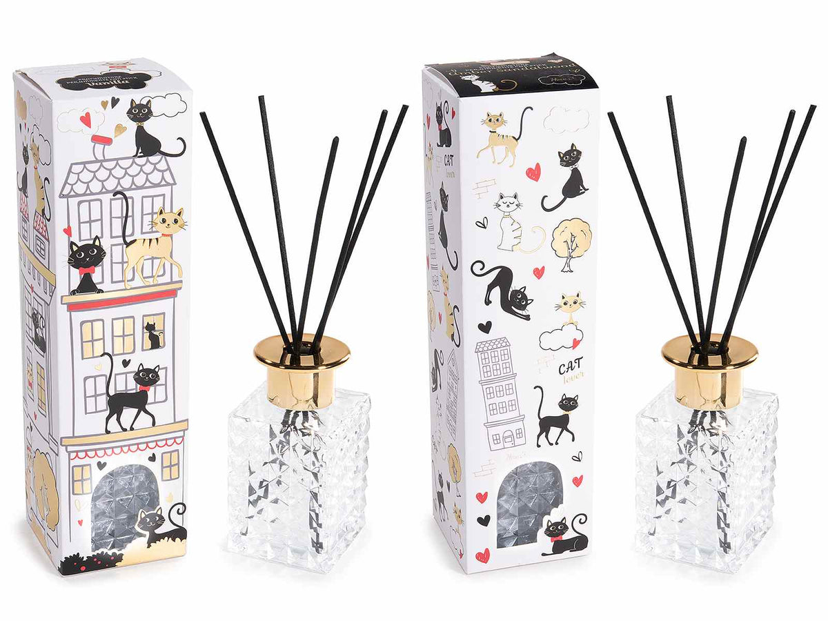 Profumatori per ambiente in contenitore di vetro con tappo oro e stick, set da 4 pezzi, cm 6x6x10,5 H (con stick23)