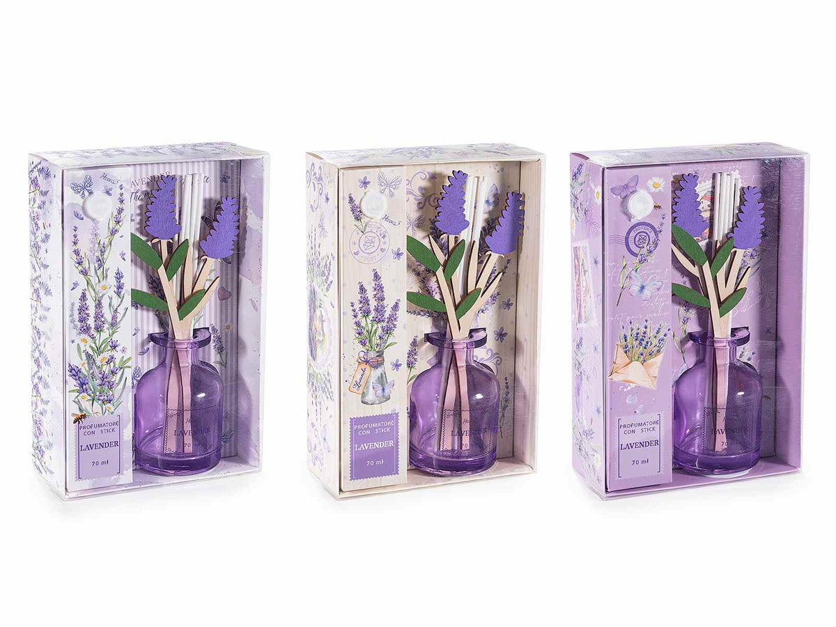 Profumatori per ambienti / casa con stick a fiore di lavanda in confezione, set da 3 pezzi, Ø5,5cm x8,5H (con stick18)