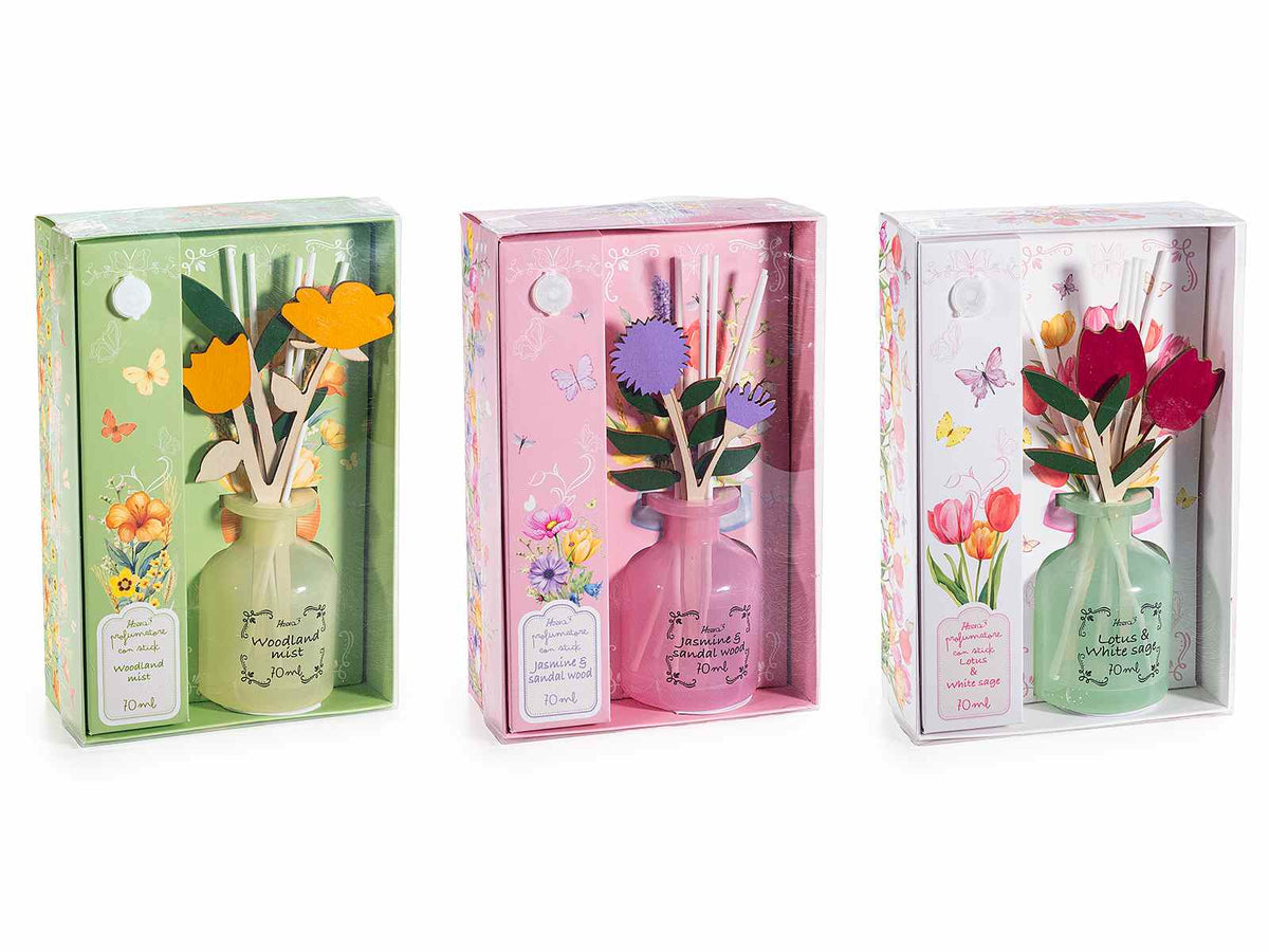 Profumatori per casa / per ambienti con stick a fiore in confezione regalo, set da 3 pezzi, Ø5,5cm x8,5H (con stick18)