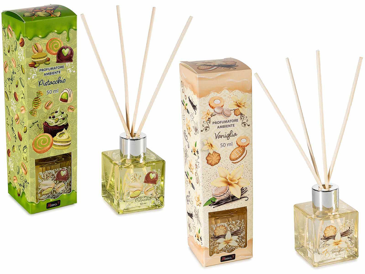 Profumatori per ambiente / casa pistacchio e vaniglia con stick e stampa, set da 4 pezzi, cm 5 x 5 x 18 H