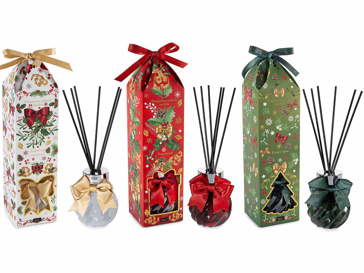 Profumatori per ambiente natalizi in vetro colorato con fiocco e stick, set da 3 pezzi, Ø7cmx9H (con stick23)