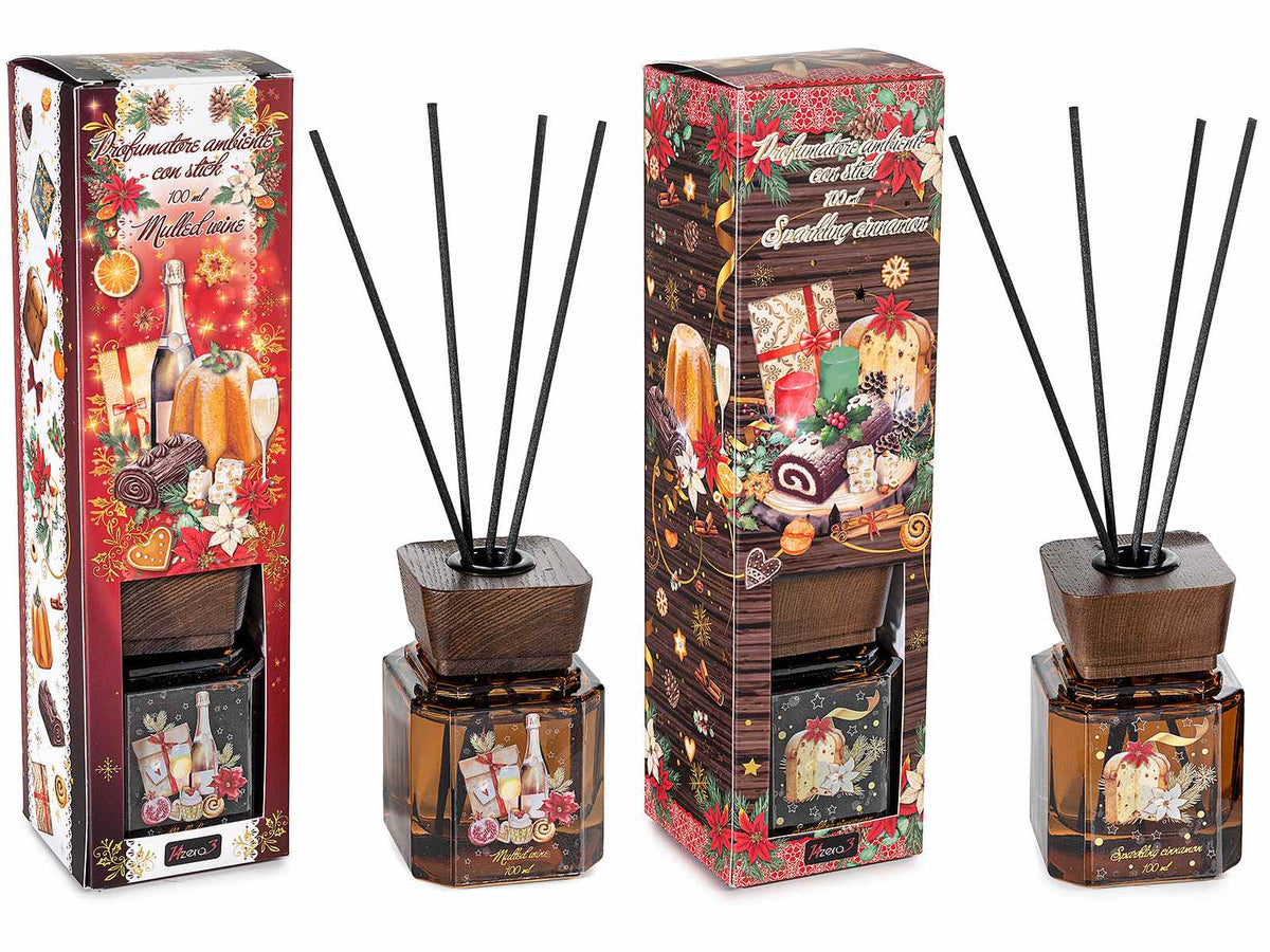 Profumatori natalizi per ambiente con stick stampa a tema, in confezione regalo, set da 4 pezzi, cm6x6x9,5H (con stick24)