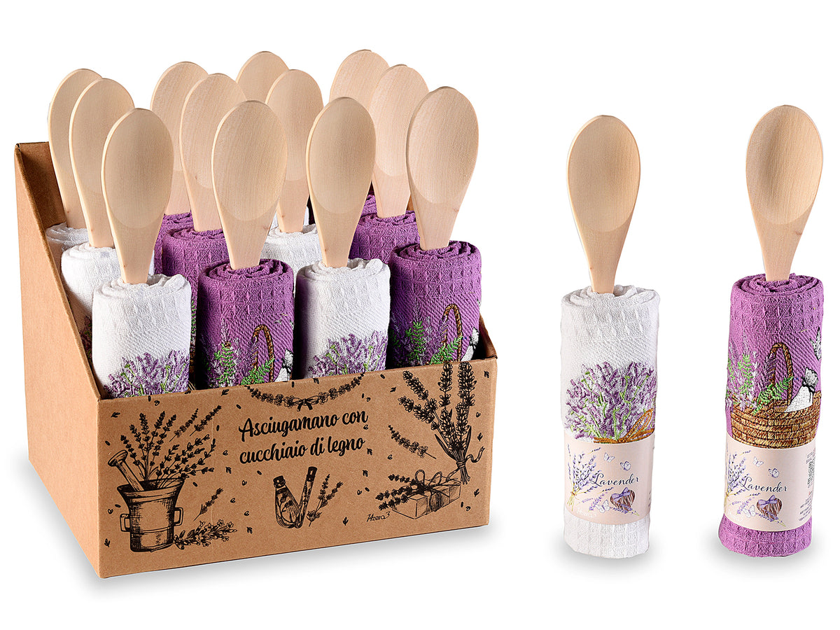 Asciugamani / asciugapiatti da cucina ricamati in cotone con cucchiaio in legno, set da 12 pezzi, Asciugapiatti: cm 38 x 64 H