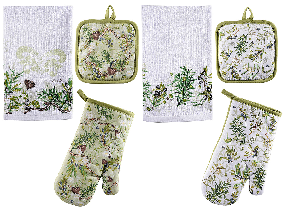 Set da cucina con guanto, presina e asciugamano / asciugapiatti in cotone, set da 4 pezzi, Asciugapiatti: cm 38 x 60 H