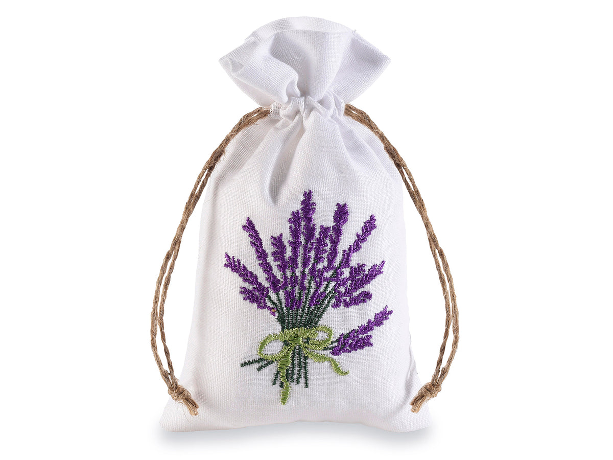 Sacchettini in cotone bianco con ricamo colorato a tema lavanda e tirante, set da 30 pezzi, cm 9 x 15 H (al tirante 11)