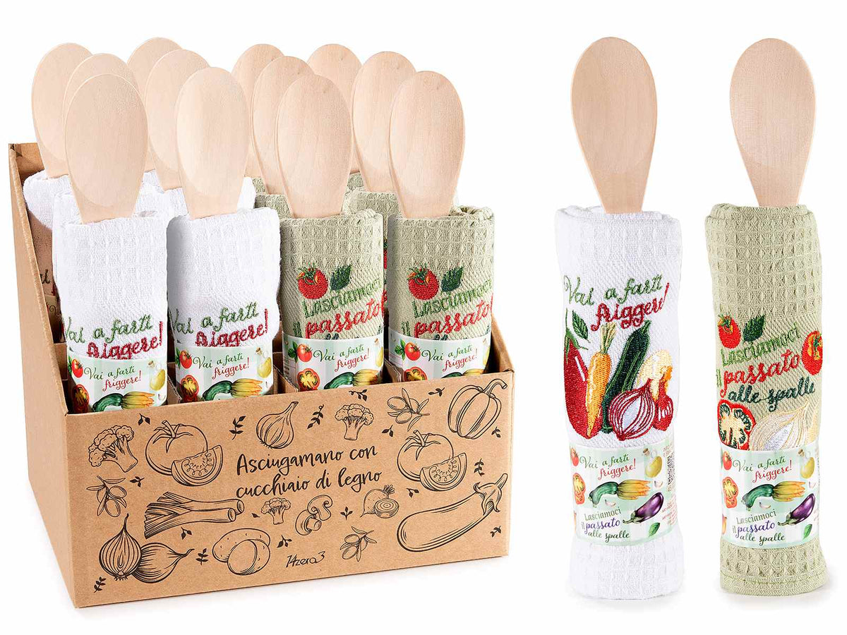 Asciugapiatti ricamato in cotone con cucchiaio di legno in espositore da 12, set da 12 pezzi, Asciugapiatti: cm 38 x 64 H