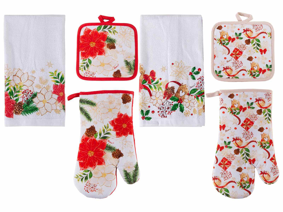 Set da cucina di Natale con guanto, presina, asciugapiatti cucina in cotone, set da 4 pezzi, Asciugapiatti: cm 38 x 64 H