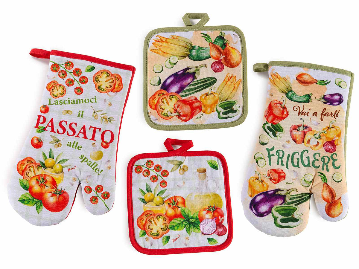 Guanti e presine da cucina a set con stampa ortaggi, set da 4 pezzi, Guanto: cm 17 x 30 H