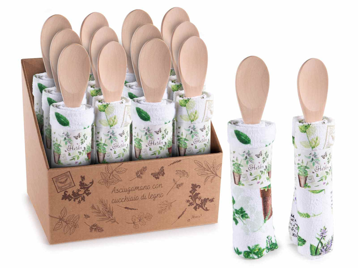 Set cucina con cucchiaio in legno e asciugapiatti in cotone stampa erbe, set da 12 pezzi, Asciugapiatti: cm 38 x 64 H