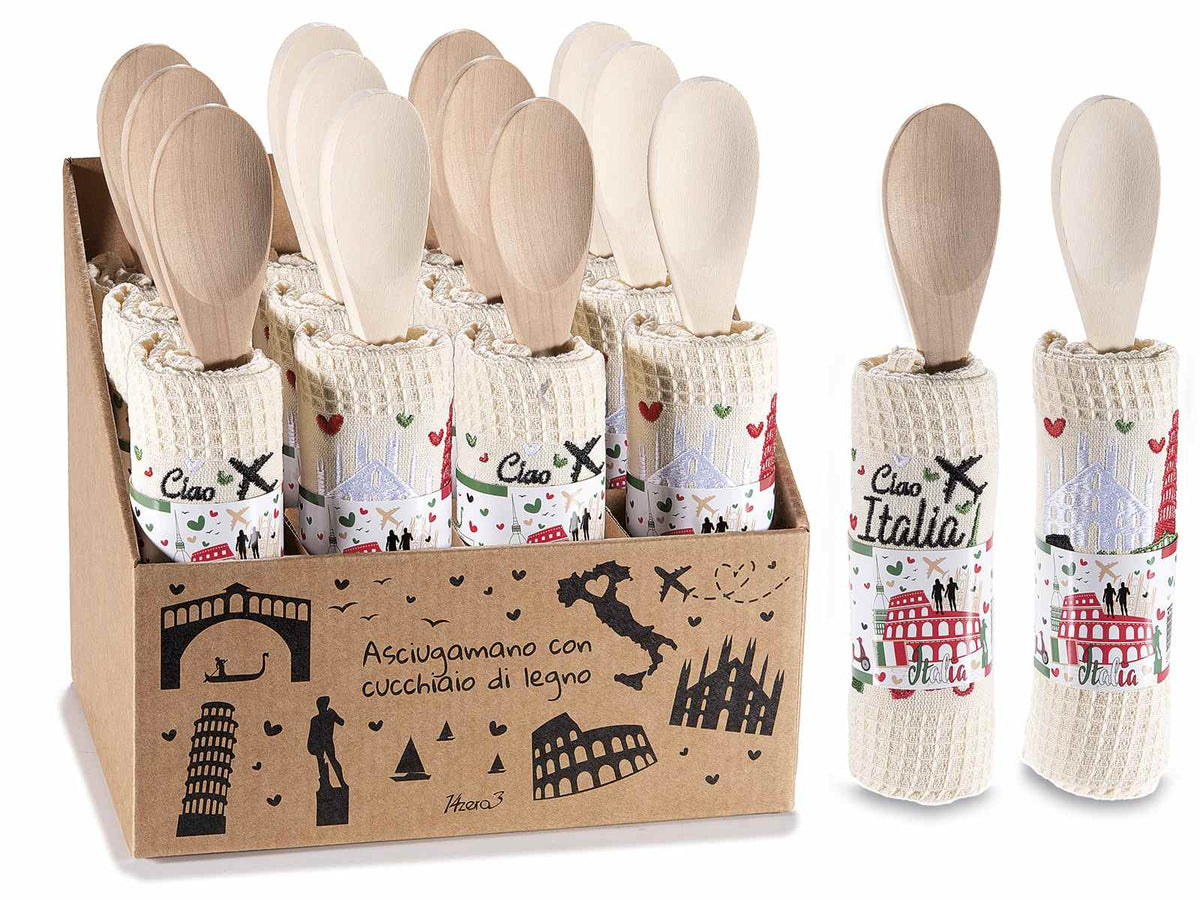Set da cucina con asciugapiatti in cotone ricamato, decori Italia e cucchiaio, set da 12 pezzi, Asciugapiatti: cm 38 x 64 H
