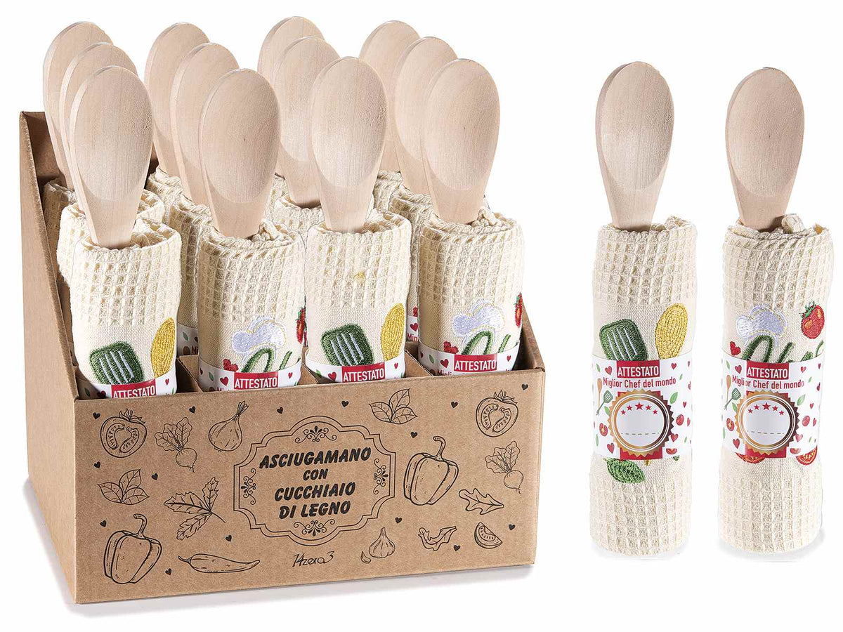 Cucchiaio in legno e asciugapiatti da cucina in cotone ricamato con decorazione, set da 12 pezzi, Asciugapiatti: cm 38 x 64 H
