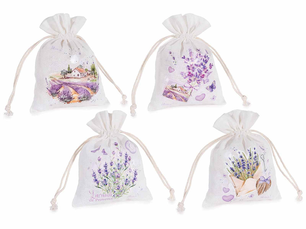 Sacchetti in cotone con tirante con decorazioni lucide a tema lavanda, set da 20 pezzi, cm 13,5x18 H (al tirante14)