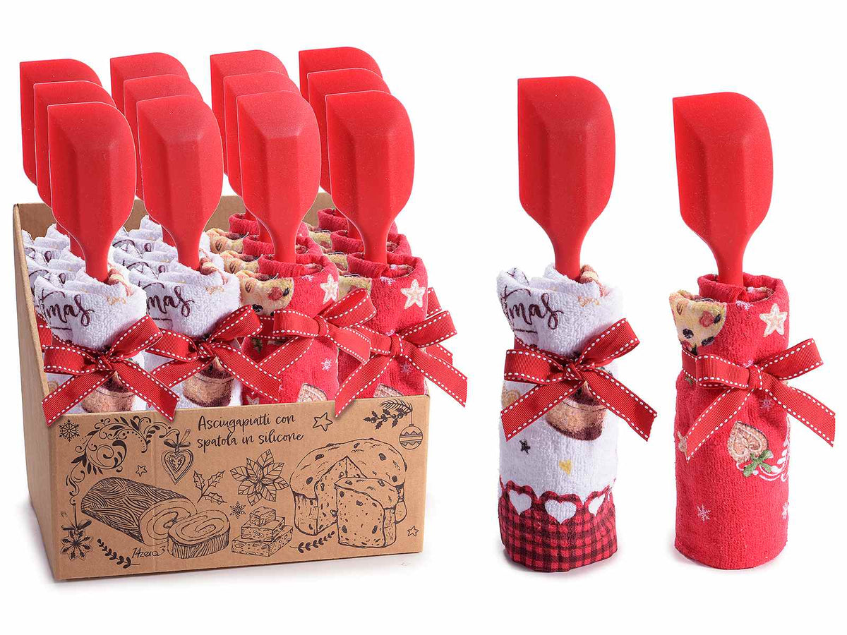 Asciugapiatti di Natale in spugna decori dolcetti natalizi con spatola silicone, set da 12 pezzi, Asciugapiatti: cm 38 x 64 H